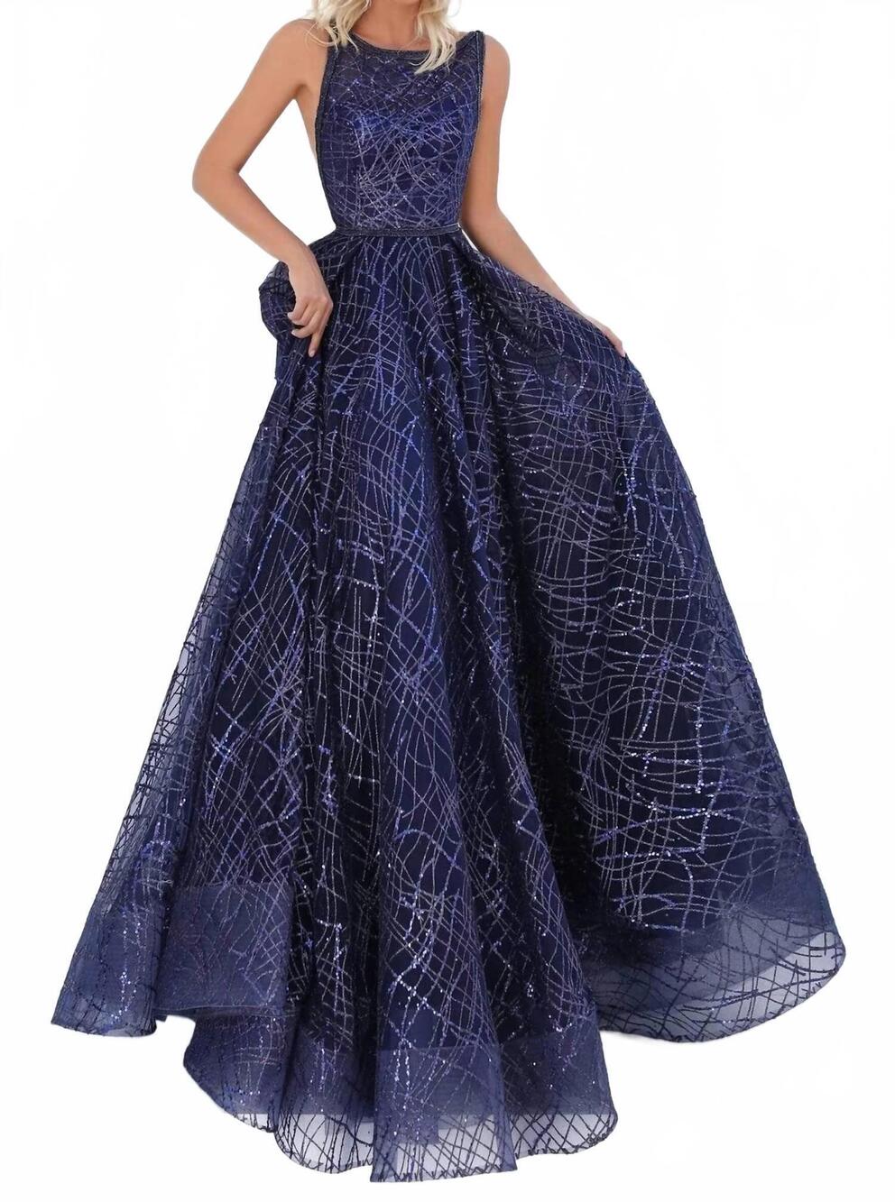 NEW TARIK EDIZ long glitter tulle a-line dress in navy
